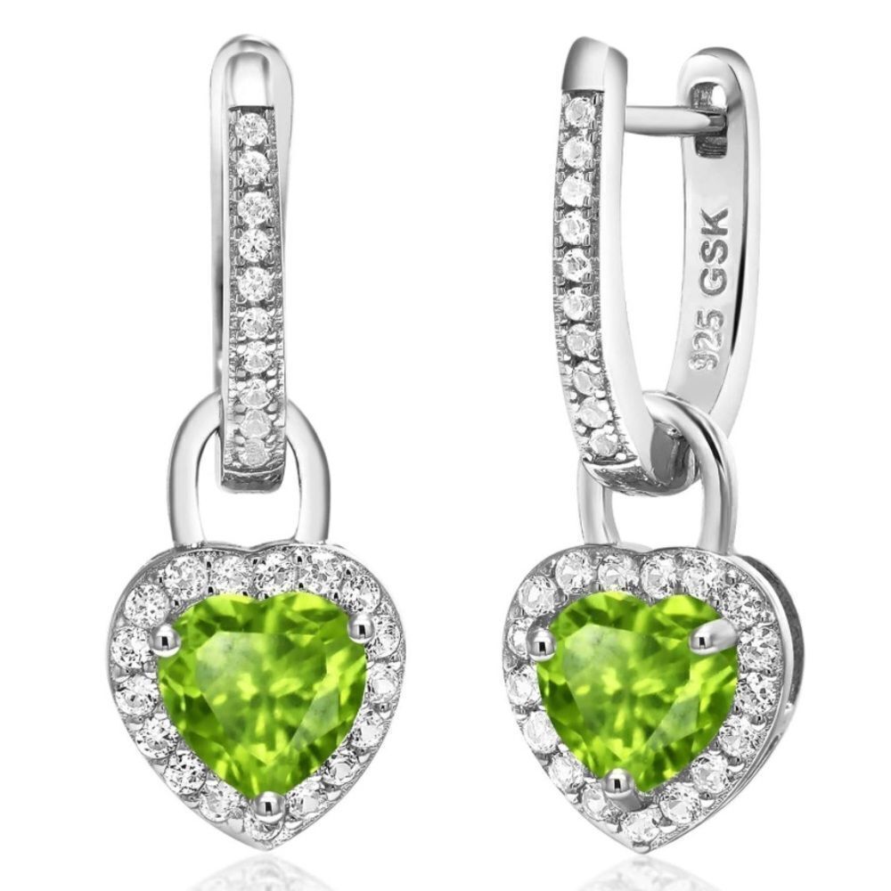 925 Sterling Silver with 2.16 Cttw Peridot and White Sapphire Heart Earrings